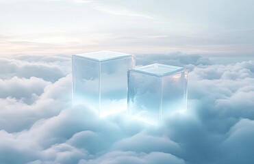 Two translucent cubes float above clouds in soft light