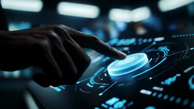 Close Up of Finger Touching Digital Blue Neon Button on Dark Display Futuristic Technology Interface Image for Adobe