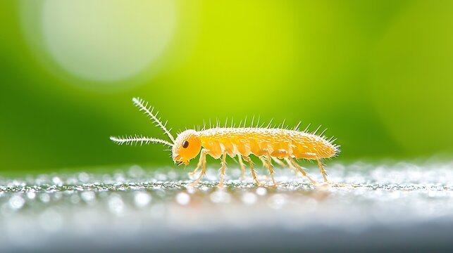 Tiny yellow springtail insect with bristly hairs on a wet surface