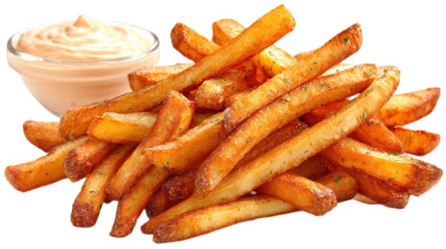 Fries heap with dipping sauce, golden brown
