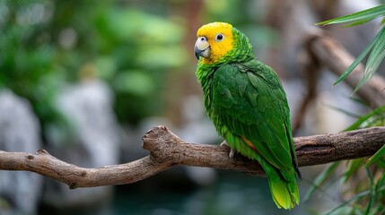 Fototapeta premium A vibrant green parrot with a yellow head perches on a textured tree branch amidst lush foliage