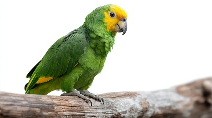 Obraz premium A vibrant green parrot with a yellow head perches on a weathered wooden branch against a bright white background