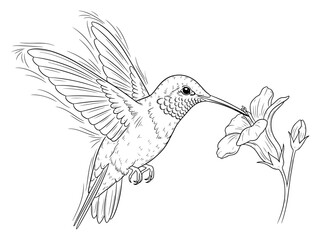 A Detailed Line Art Illustration of a Hummingbird Feeding from a Flower