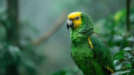 Obraz premium Close up of a vibrant green parrot with yellow markings perched amongst lush foliage