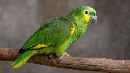 Vibrant green parrot with yellow markings perches on a textured wooden branch against a gray background