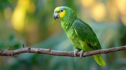 Vibrant green parrot with yellow head markings perched on a branch Bird