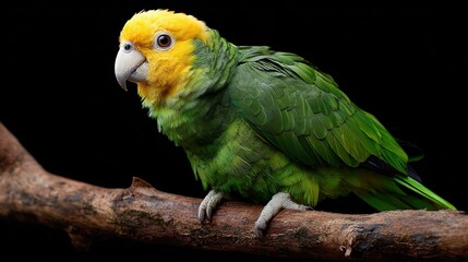 Obraz premium A vibrant green parrot with a yellow head perches on a wooden branch against a dark background