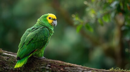 Obraz premium A vibrant green parrot with a yellow head perches on a mossy tree branch showcasing its colorful plumage and looking to the side