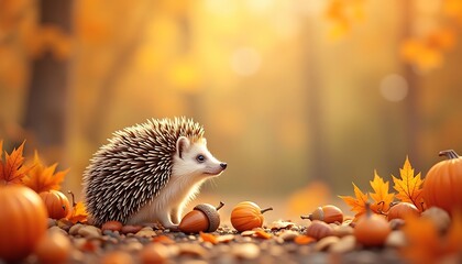 Fototapeta premium Hedgehog Amongst Autumn Leaves and Pumpkins in Forest