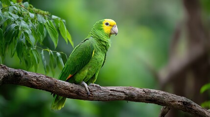 Obraz premium A vivid green parrot with a yellow head perches on a mossy branch amid lush foliage