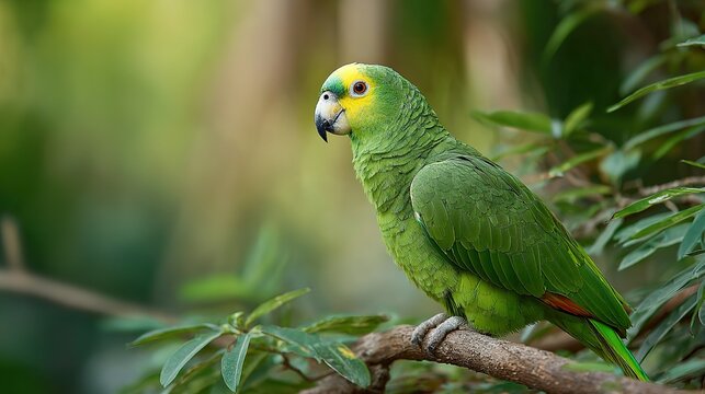 A vibrant green parrot with a yellow head perches on a tree branch amidst lush foliage