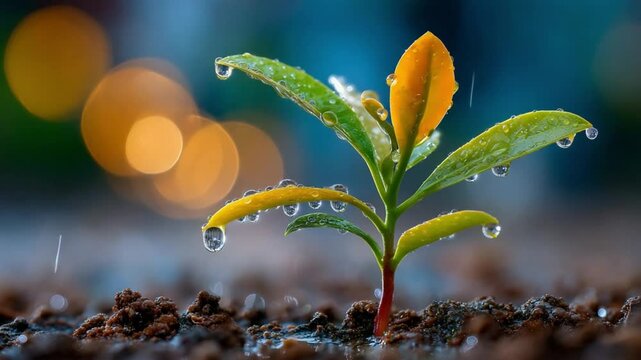 Thriving Seedling in Gentle Rain: Capturing the essence of growth and renewal, a vibrant seedling emerges from fertile soil, adorned with delicate raindrops under a soft, diffused light.