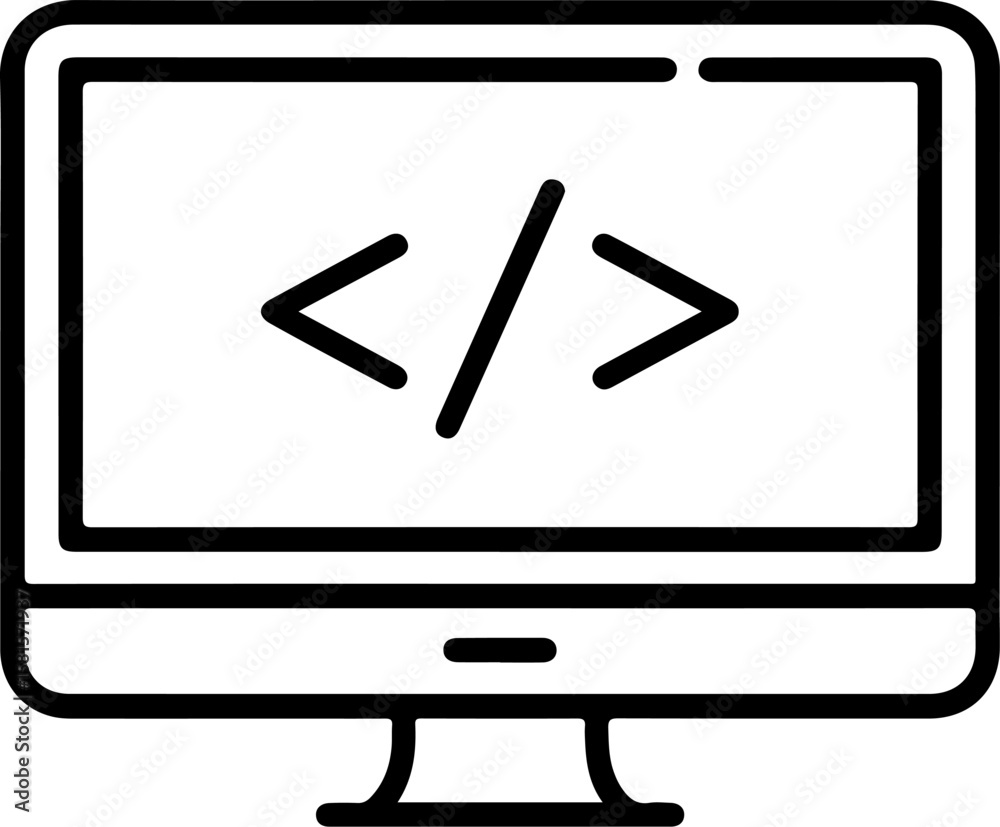 Aufkleber Simple black line icon of a computer monitor displaying code symbols on a white background