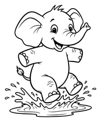 Obraz premium Adorable Cartoon Elephant Jumping in a Puddle, Black and White Line Art Illustration