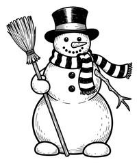 Detailed Black and White Drawing of a Happy Snowman with a Top Hat, Striped Scarf, and Broom
