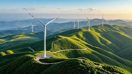 Green grassland wind power generation, new energy windmill environmental protection image