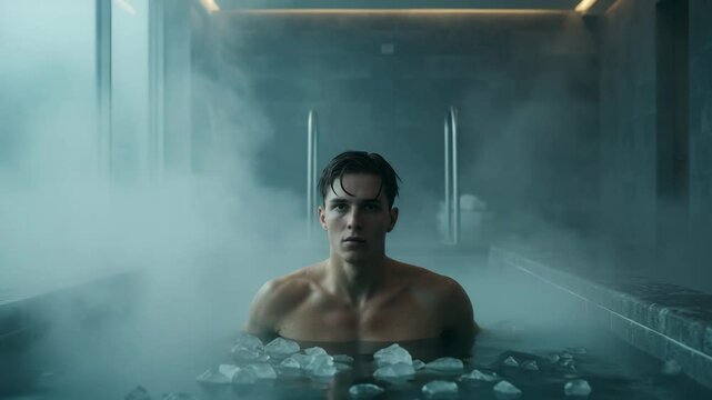 Young man submerged in a cold ice bath with steam rising in a modern spa setting