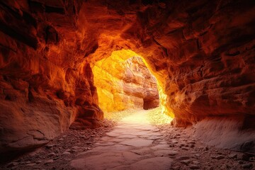 Sunlit tunnel through ochre sandstone canyon