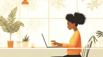Woman working at laptop in cafe interior, digital illustration