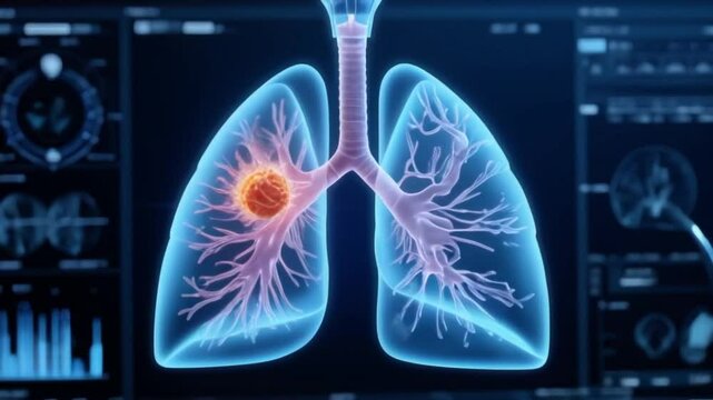 A detailed 3D medical visualization of human lungs with a highlighted cancerous tumor, perfect for lung cancer day