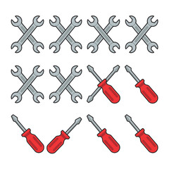 Naklejka premium Collection of crossed wrenches and red screwdrivers arranged in rows on white background
