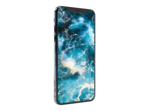 Modern smartphone displaying abstract ocean wave art, Isolated On Transparent Background, Png