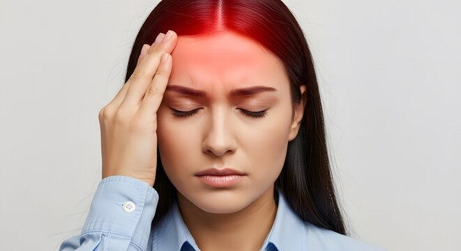 eyes close Woman Experiencing Forehead Pain  Headache or Stress Discomfort 
