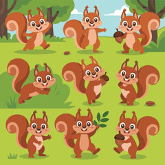 Fototapeta premium Collection of cute cartoon squirrels in various poses and actions