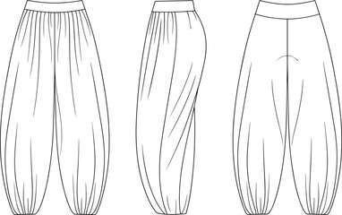 CAD drawing flat vector illustration, pants fashion sketch front side back view, technical garment design, apparel template, fashion vector art