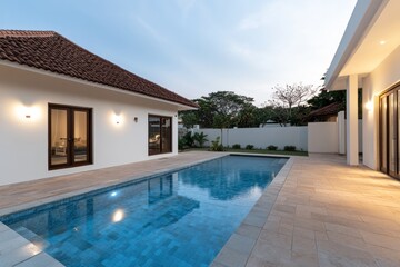 Fototapeta premium Stylish private villa pool area with LED-lit water and ambient lighting at dusk, open-plan living room visible through sliding glass doors