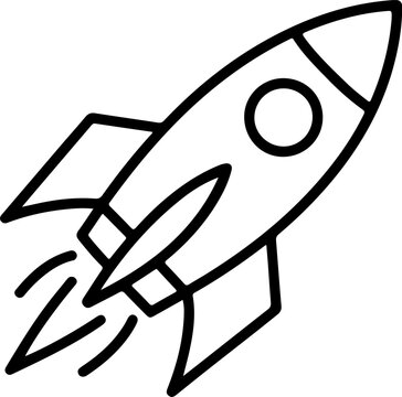 Simple black line art icon of a rocket ship ascending with stylized flames