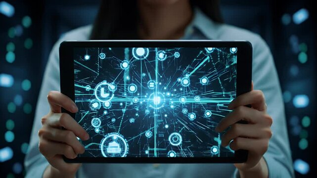 Hands Holding Tablet Displaying Glowing Network Icons with Server Lights in the Background Data Center