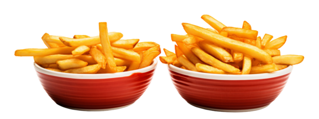 Crispy golden french fries fill red bowls, a tempting fast food treat against a stark dark background offering delicious temptation.