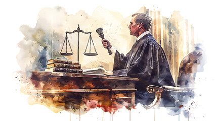 watercolor style Judge in courtroom with gavel