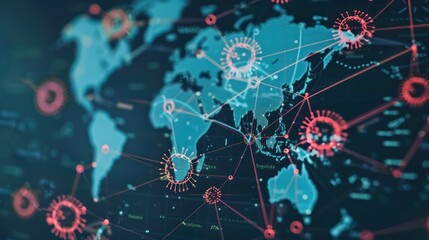 Obraz premium Close-up of pandemic-related icons and data points on a world map.