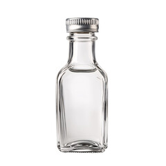 A clear glass bottle, featuring a metal cap, is isolated against a clean black background, perfect for product mockups.