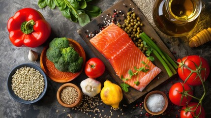 High-angle view of a balanced meal with lean protein, whole grains, and vegetables, showcasing healthy eating habits as part of a lifestyle.