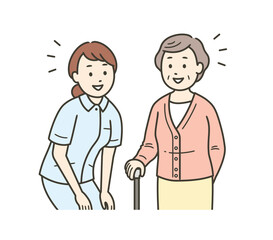 目線を合わせて笑顔で会話をする高齢女性と看護師の女性の上半身イラスト
