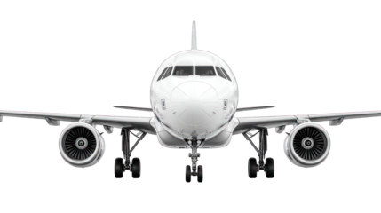 Head-on view of a pristine, white passenger airplane