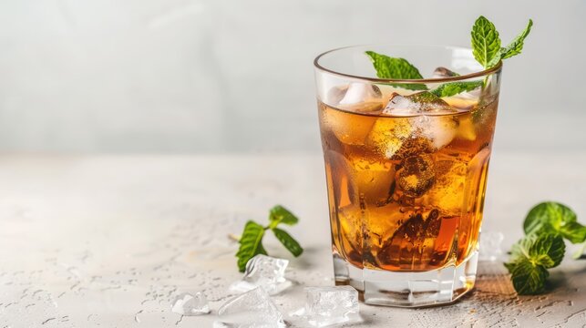 Cold herbal tea served with ice and fresh mint leaves in a clear glass.