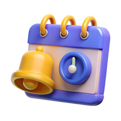 3D Render: Cute Cartoon Calendar Reminder with Bell and Timer;  Friendly, Playful Style;  Scheduling App Icon.