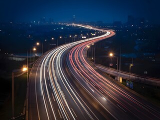 Stunning aerial view of illuminated highway light trails at night, showcasing dynamic movement and urban landscape. Perfect for concepts of speed, transportation, and modern infrastructure