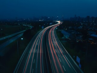 Stunning aerial view of illuminated highway light trails at night, showcasing dynamic movement and urban landscape. Perfect for concepts of speed, transportation, and modern infrastructure
