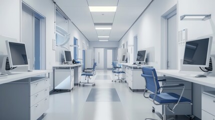 Modern healthcare office interior with desks, computers, and medical equipment.
