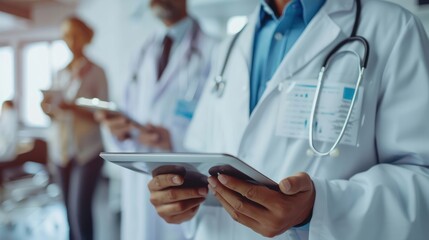 Healthcare professionals analyzing data charts and graphs for strategic planning.