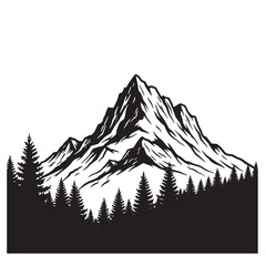 Black and white mountain landscape silhouette depicting majestic peak and evergreen forest