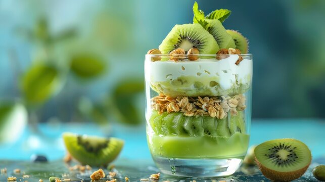 Conceptual image of a kiwi fruit parfait layered with yogurt and granola