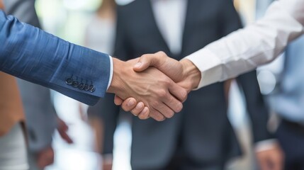 CEO shaking hands with a group of stakeholders after a successful partnership agreement