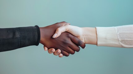 Conceptual image of two hands of different ethnicities shaking hands to symbolize stakeholder unity