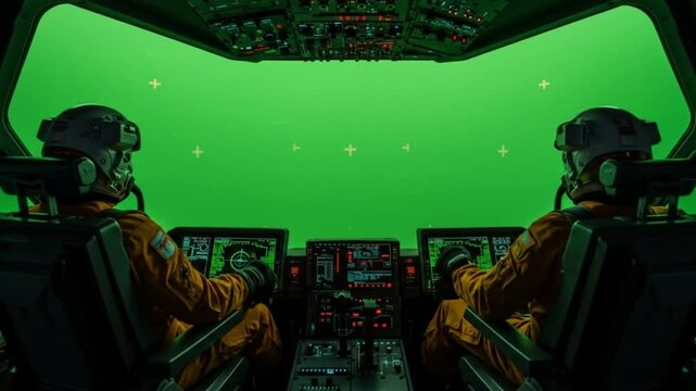 Two pilots in a spaceship cockpit with green screen view and complex control panel and orange jumpsuits